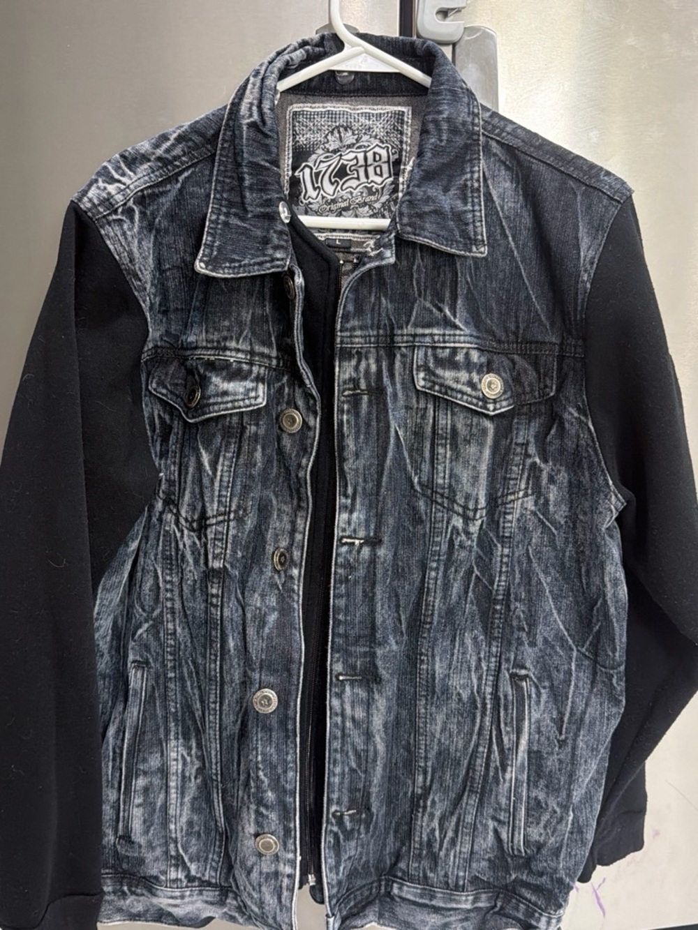 Y2K Black Washed Denim Jacket with Knit Sleeves
